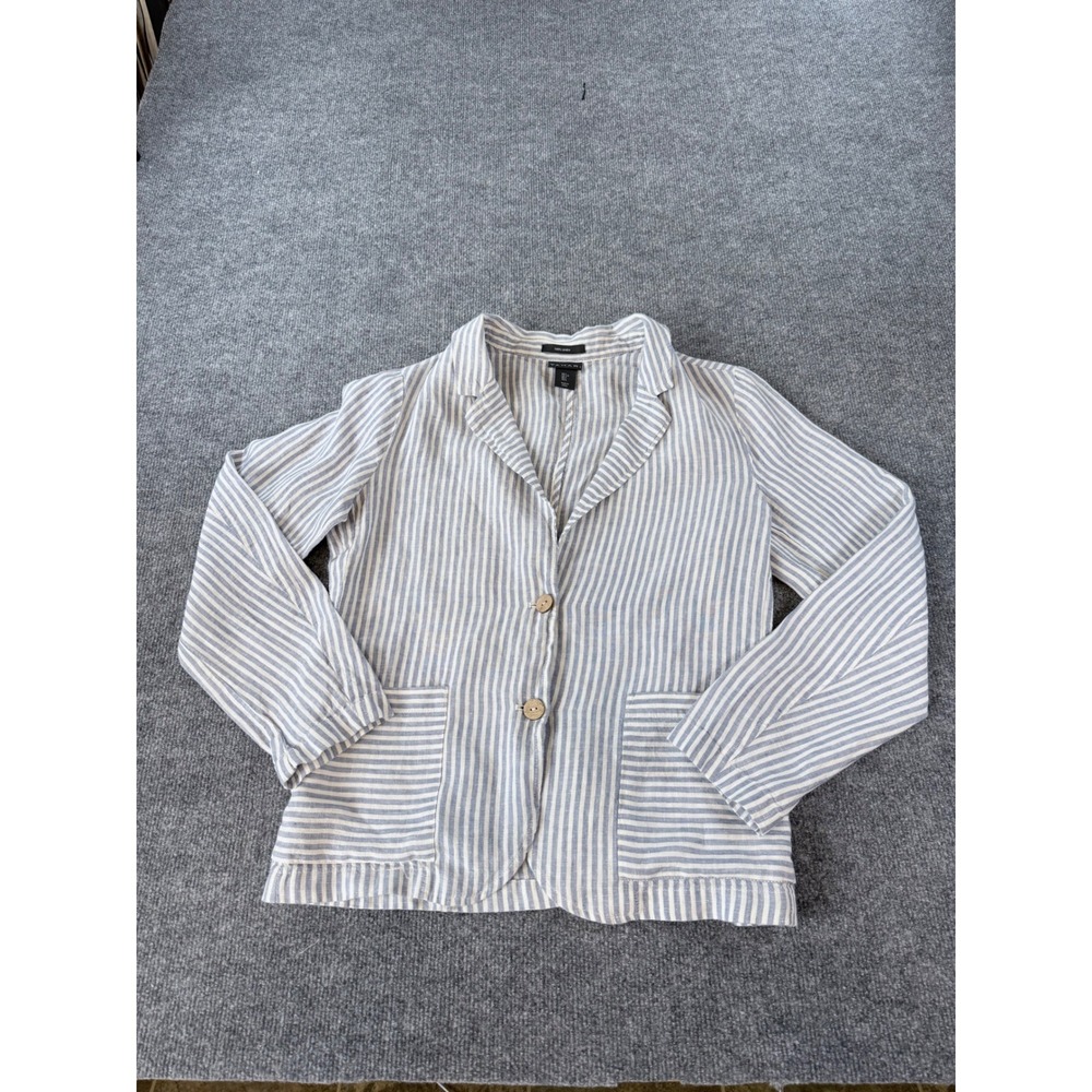 Tahari Womens Blue White Striped 100% Linen Blazer Jacket Size Large L